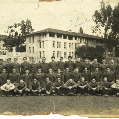 Scrapbook page photograph of Occidental College football players, Keystone L.A., 1929
