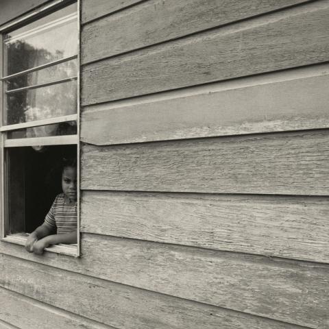 A member of the Trosclair family looks out from her window. 1983.