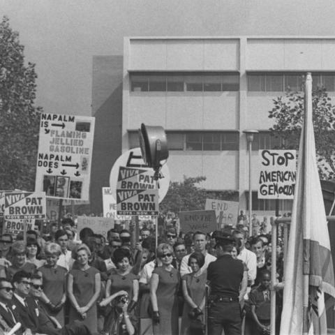 U.S. Vice President Hubert Humphrey speaking at San Fernando Valley State College, 1966