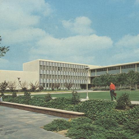 Postcard, Fine Arts building and lawn, ca. 1960s