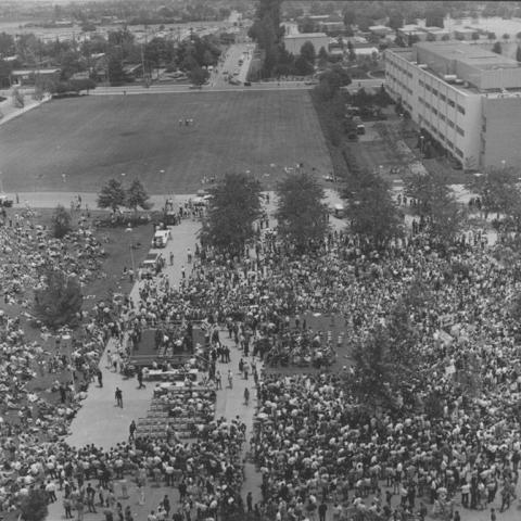 Crowd gathers to hear Eugene McCarthy speak at Valley State, May 23, 1968. University Archives Photograph Collection