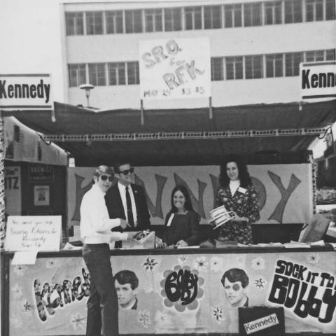 Students at the Robert Kennedy information booth during the California Political Forum—1968, May 1968. Vicki M. and Joann Semones Collection