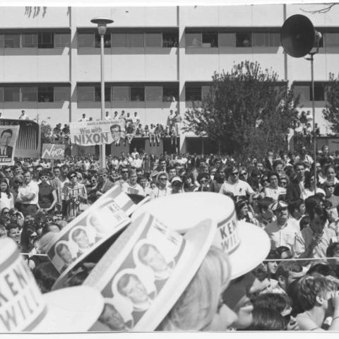 Crowd gathered to hear Robert F. Kennedy speak at San Fernando Valley State College, March 25, 1968. University Archives Photograph Collection