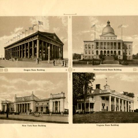 Individual illustrations of Oregon, Massachusetts, New York, and Virginia State Buildings