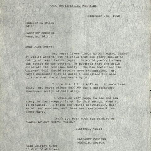 Letter to Shirley Burke from Margaret Cousins