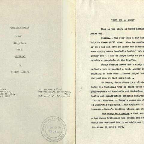 The cover and first page from the teleplay Boy in a Cage
