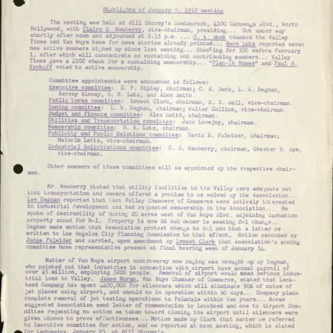 Industrial Association of San Fernando Valley meeting minutes, January 9, 1952