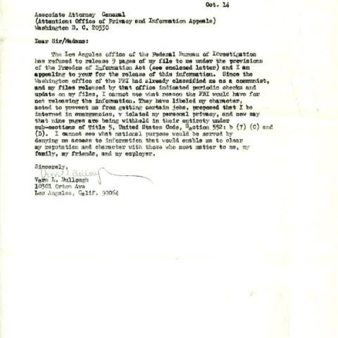 Correspondence to the Associate Attorney General of the United States from Vern Bullough regarding his FBI file