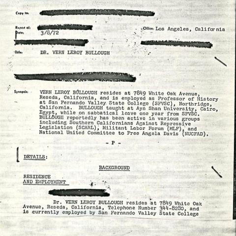 Copy of one of the pages from Bullough’s FBI file, March 8, 1972