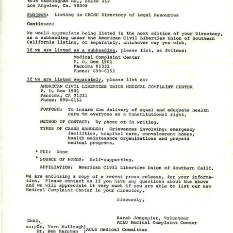 Correspondence from American Civil Liberties Union to the Community Relations Conference of Southern California, December 1973