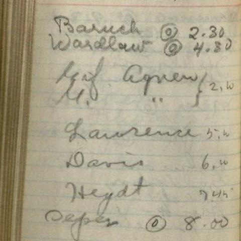 Vahdah's guitar student appointments for Friday May 4th, 1923. Vahdah Olcott-Bickford Collection