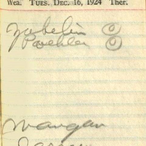 Vahdah's appointment book with possible student names for Tuesday December 16, 1924. Vahdah Olcott-Bickford Collection
