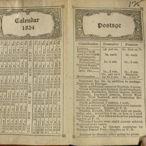 The inside of Vahdah Olcott-Bickford's appointment book, the 1924 calendar, and a reminder about the price of postage. Vahdah Olcott-Bickford Collection