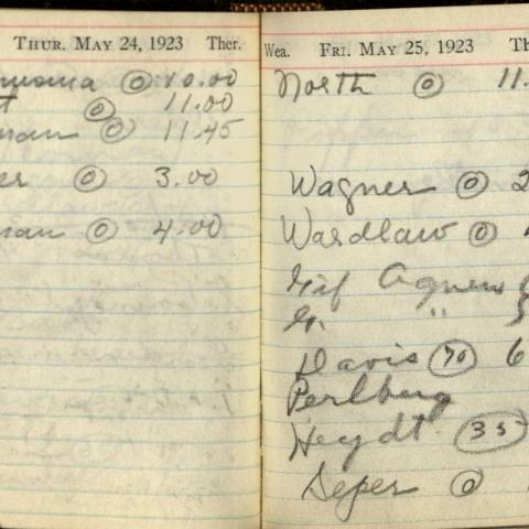 Vahdah's pocket-sized appointment book, listing her guitar appointments for May 24-25, 1923. Vahdah Olcott-Bickford Collection