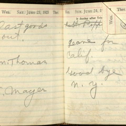 Vahdah’s appointment book that takes us to the moment on June 24, 1923 when she left for California from New York. Vahdah Olcott-Bickford Collection 
