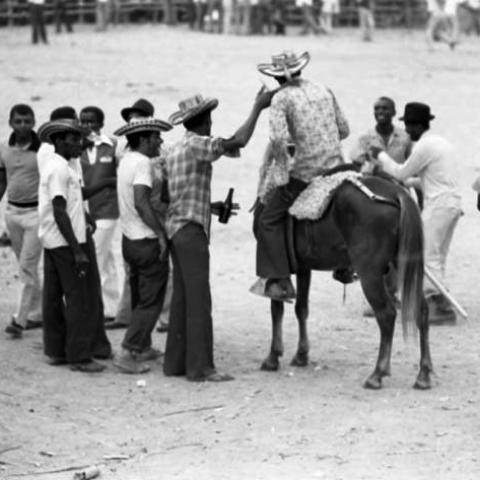 Picador riding a horse inside bullfight arena, San Basilio de Palenque, 1975