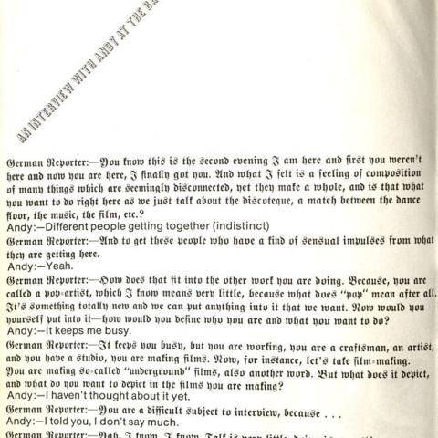 One page of an interview with Andy Warhol in Andy Warhol's Index