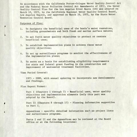 Introduction to the Water Quality Control Plan Los Angeles River Basin (4B) Abstract identifies the plan’s purpose and dates of coverage.  Susan B. Nelson Collection