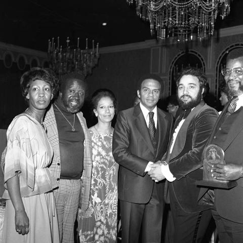 UN Ambassador Andrew Young (center) poses with other participants of the 4th annual Brotherhood Crusade tribute dinner at the Beverly Hills Hotel. Pictured are (from left), California Assembly member, Maxine Waters; recording industry executive and community activist, Clarence Avant; his wife and philanthropist, Jacqueline Avant; Andrew Young; Brotherhood Crusade Executive Director, Danny Bakewell; and C. Robert Kemp, Executive Director of the Interagency Minority Business Council, one of the dinner's honor