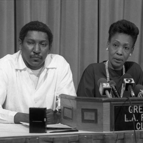 Maxine Waters (right) and Willis Edwards (left) speak at press conference against racist comments made by Major Baseball League executive Al Campanis about African American baseball players during a live interview on ABC-TV's "Nightline." 1987. Digital ID: 11.06.GC.N35.B13.17.100.20
