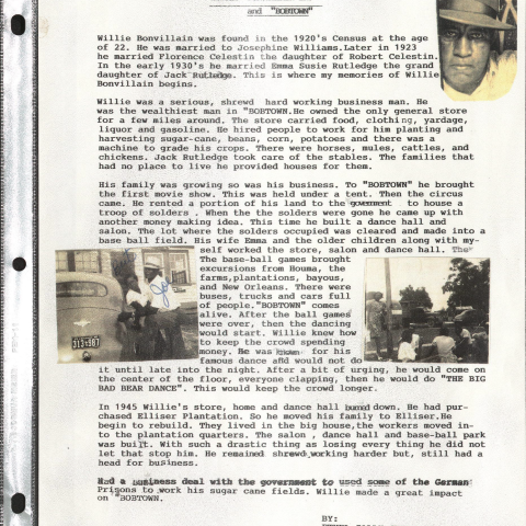 Willie Bonvillain Sr. and “BOBTOWN” text, prepared by Ethel “Sally” Celestin Dillon in 1996. 