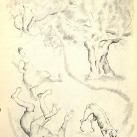 Sketch of dying farmers after another air attack in All the Brave