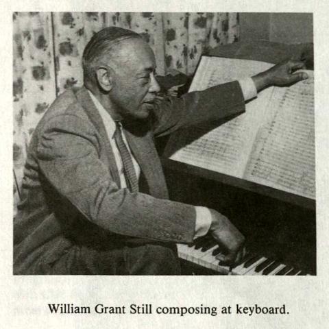 William Grant Still is shown sitting at a piano looking at a sheet of music. Central Avenue-Its Rise and Fall: Including the Musical Renaissance of Black Los Angles, Bette Yarbrough Cox, ML 3556 .C75 1996