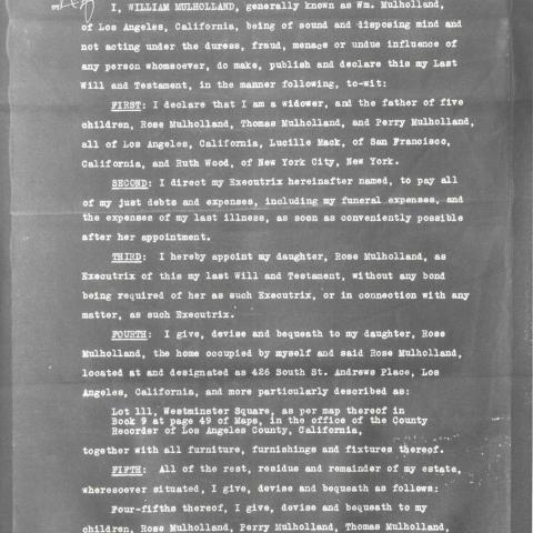 Last Will and Testament of William Mulholland