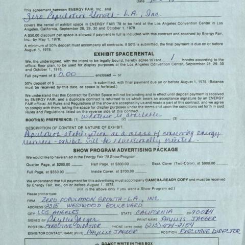 Filled out contract for Energy Fair exhibit space, September 11, 1978
