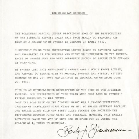 Letter written by Bodo Zimmermann explaining why he chose to commit his memories to paper, April 28, 1998
