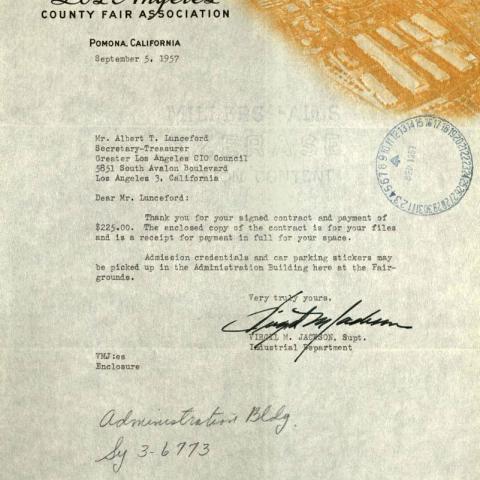 Confirmation letter for reserved exhibit space at the Los Angeles County Fair, September 5, 1957