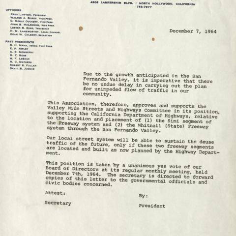 Industrial Association of the San Fernando Valley letter of support, 1964