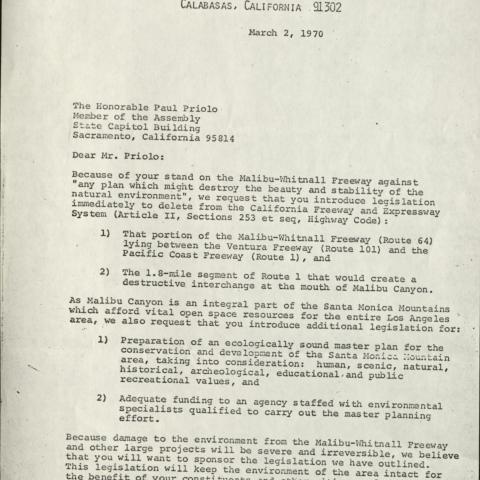 Letter from the Save Malibu Canyon Committee, 1970