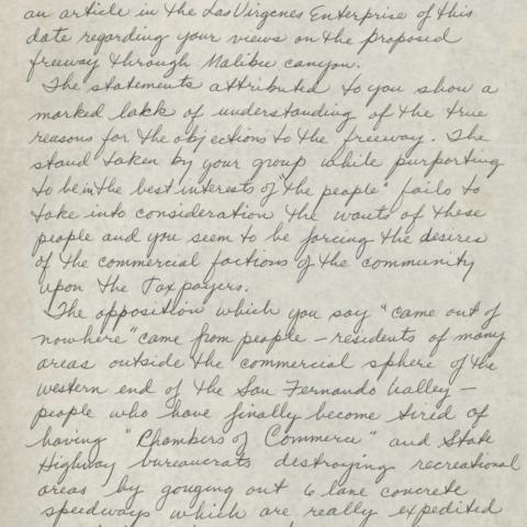 Letter to Mr. Zoraster from a Calabasas Resident, 1970