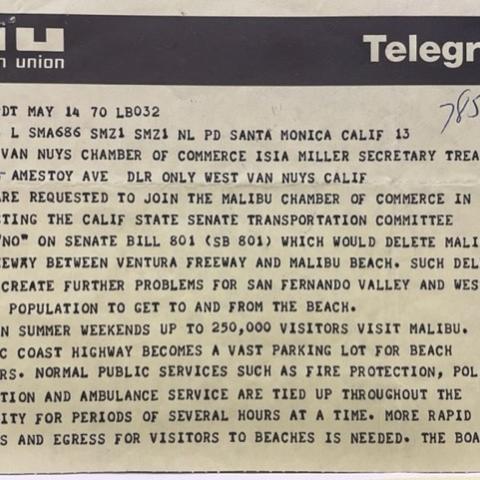 Telegram from West Van Nuys Chamber of Commerce, 1970