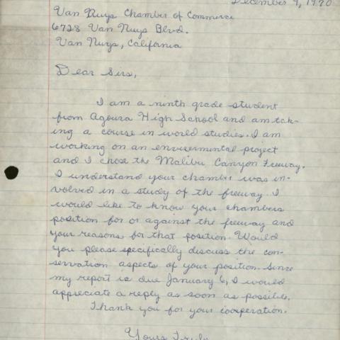 Letter to Van Nuys Chamber of Commerce from a Ninth Grader, 1970