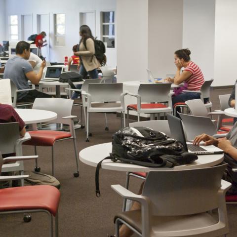Students using our new study spaces in the west wing.