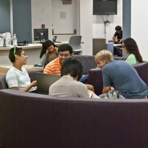 Students taking advantage of our collaborative study spaces and furniture.