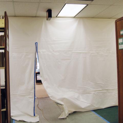 Plastic sheets put up for the new Learning Resource Center.