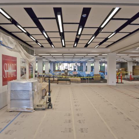 Construction in the Library entrance, home of our cafe seating and the new Freudian Sip.