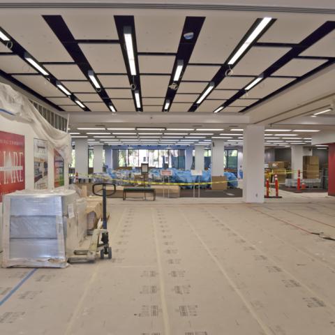 Construction in the Library entrance, home of our cafe seating and the new Freudian Sip.