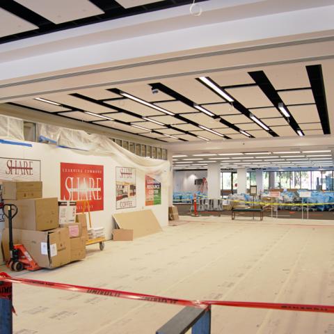 Construction of the new Freudian Sip cafe and seating area in the library entrance.