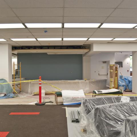 Construction on the new reference desk and group study areas.