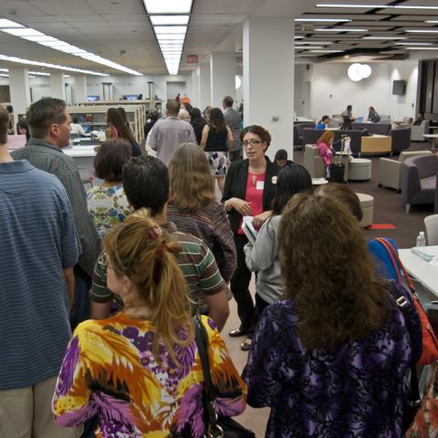 Librarian Jamie Johnson leads guests through the Learning Commons.