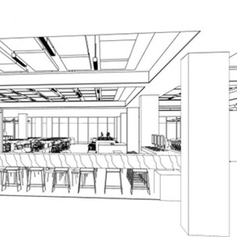 Preliminary sketches for the new cafe area in the Library entrance.