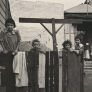 Four young children looking into the camera from behind a salvaged fence