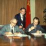 President James Cleary and Chinese Delegation Sign Educational Exchange Agreement, 1981. Photograph by Rick Childs