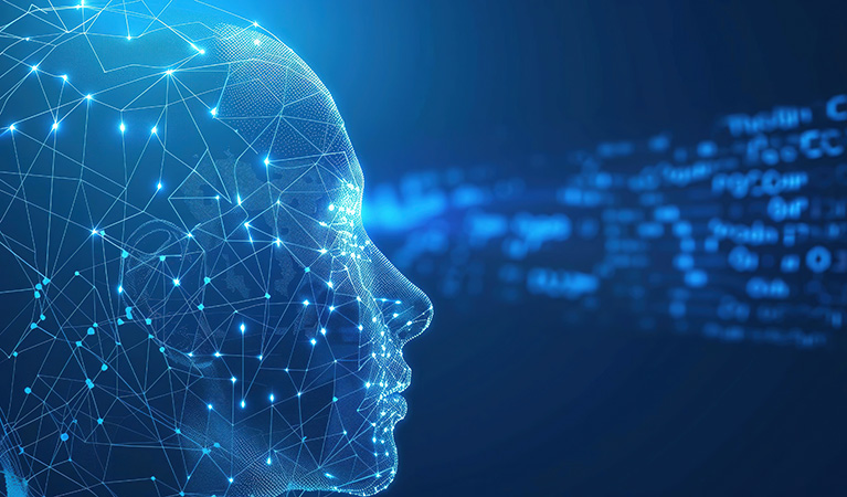 face constructed of light pulses looking at data