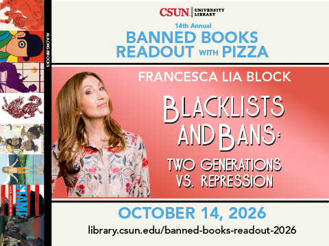 Promotional materials with author Francesca Lia Block and images of banned books.
