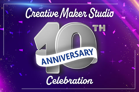 Festive purple background with text that reads Creative Maker Studio 10th Anniversary Celebration September 18, 2024